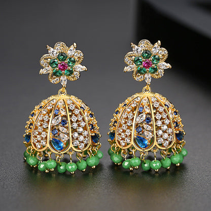 High-Quality Indian Style Earrings Bollywood Inlaid Zircon Luxury Jhumka Jhumki Jumka Earrings-Gold - enjoyinshopping