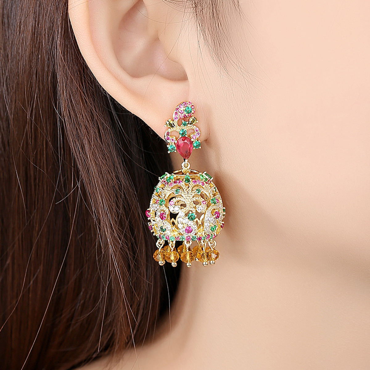 High-Quality Indian Style Earrings Bollywood Inlaid Zircon Paisley Shape Luxury Jhumka Jhumki Jumka Earrings-Gold - enjoyinshopping