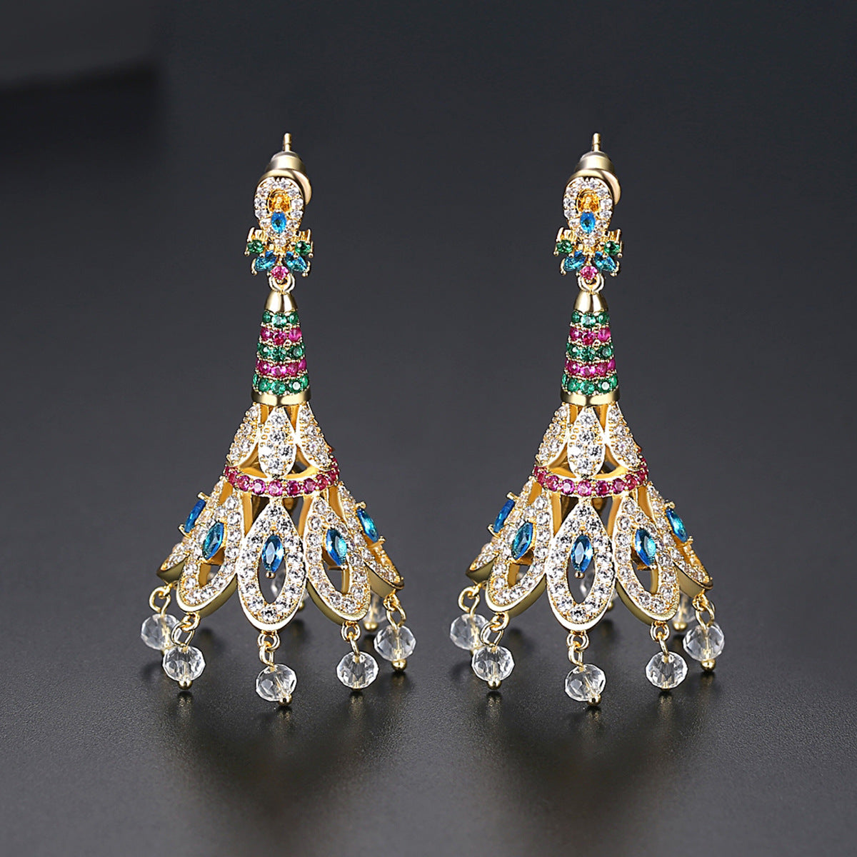 High-Quality Indian Style Earrings Bollywood Inlaid Zircon Peacock Tail Shape Luxury Jhumka Jhumki Jumka Earrings-Gold - enjoyinshopping