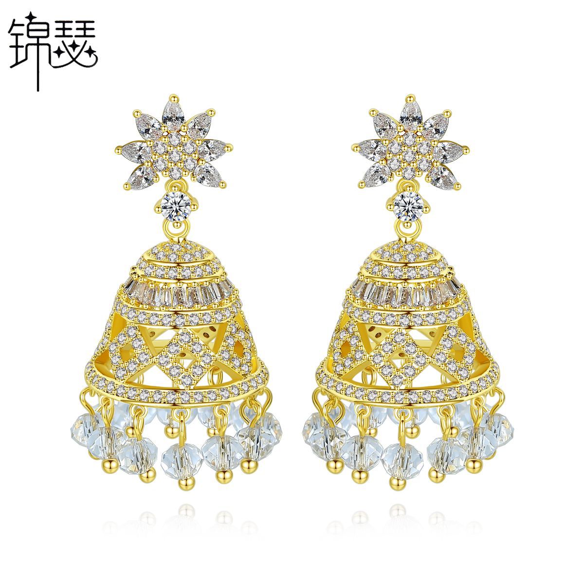 High-Quality Indian Style Earrings Bollywood Inlaid Zircon Flower Luxury Jhumka Jhumki Jumka Earrings-Gold - enjoyinshopping