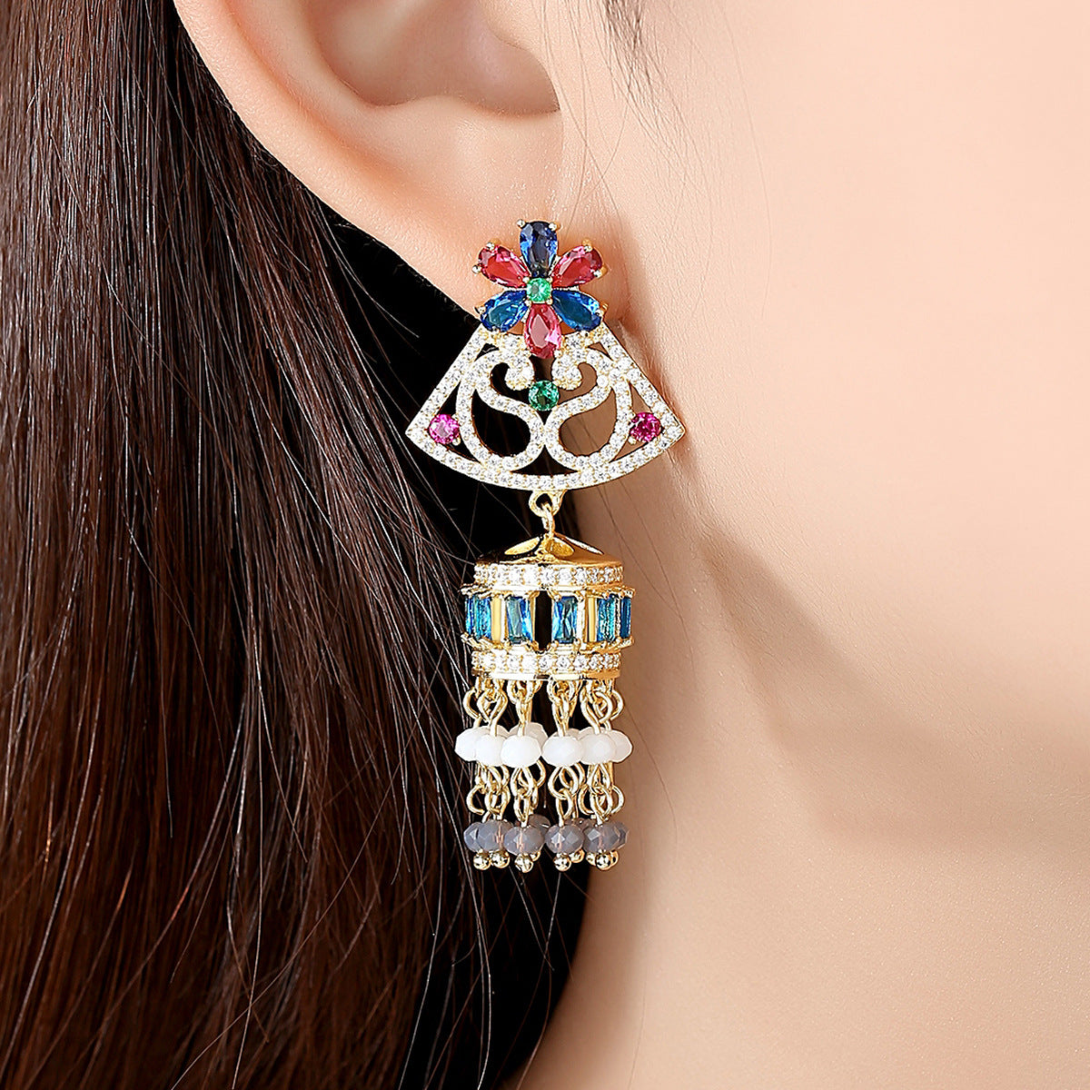 High-Quality Indian Style Earrings Bollywood Inlaid Zircon Luxury Jhumka Jhumki Jumka Earrings-Gold - enjoyinshopping