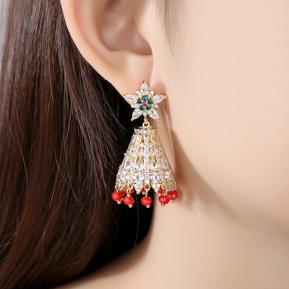 High-Quality Indian Style Earrings Bollywood Inlaid Flower Zircon Luxury Jhumka Jhumki Jumka Earrings-Gold - enjoyinshopping