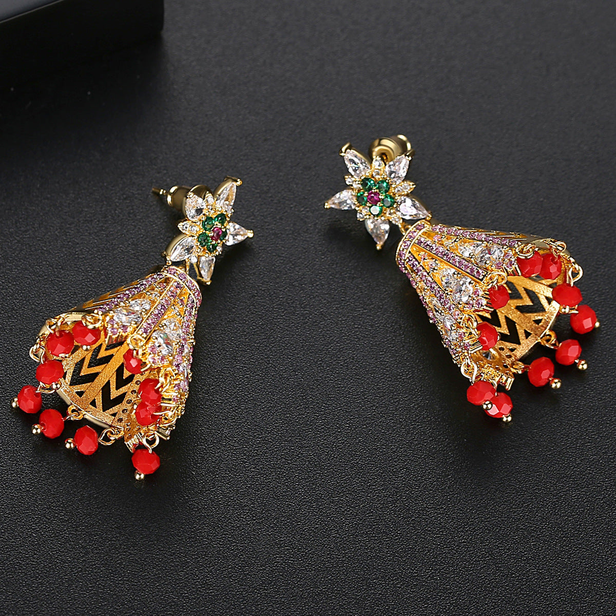 High-Quality Indian Style Earrings Bollywood Inlaid Flower Zircon Luxury Jhumka Jhumki Jumka Earrings-Gold - enjoyinshopping