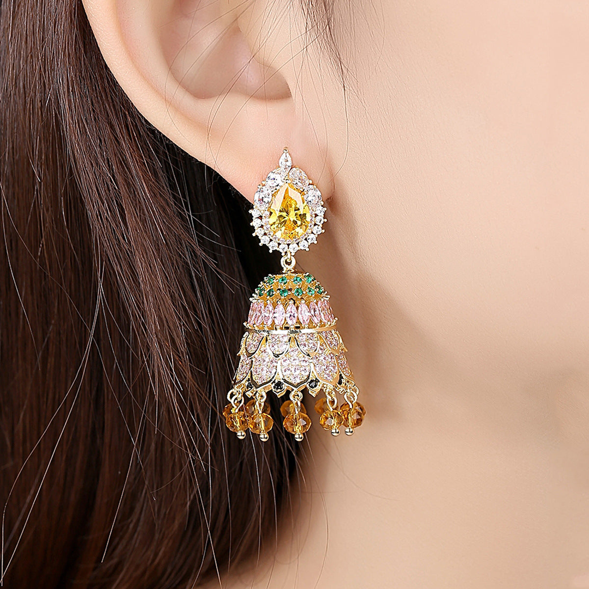 High-Quality Indian Style Earrings Bollywood Inlaid Zircon Water Drop  Shape Luxury Jhumka Jhumki Jumka Earrings-Gold - enjoyinshopping