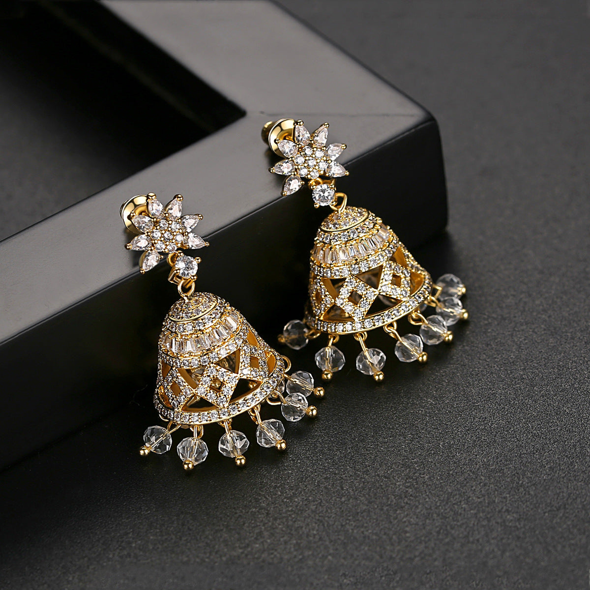 High-Quality Indian Style Earrings Bollywood Inlaid Zircon Flower Luxury Jhumka Jhumki Jumka Earrings-Gold - enjoyinshopping