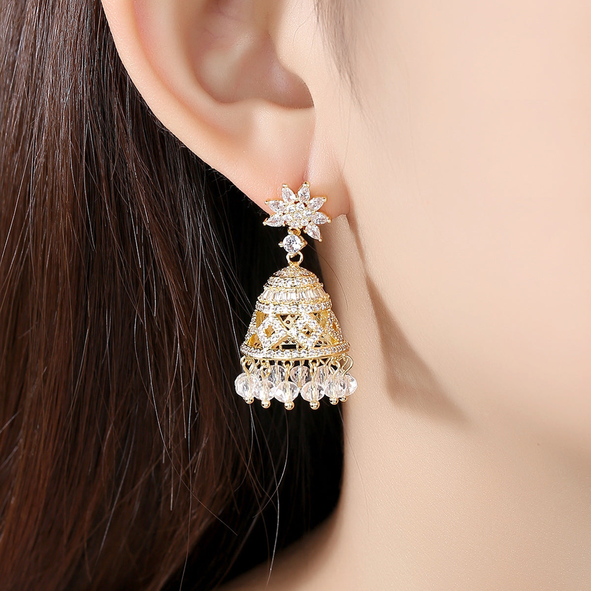 High-Quality Indian Style Earrings Bollywood Inlaid Zircon Flower Luxury Jhumka Jhumki Jumka Earrings-Gold - enjoyinshopping