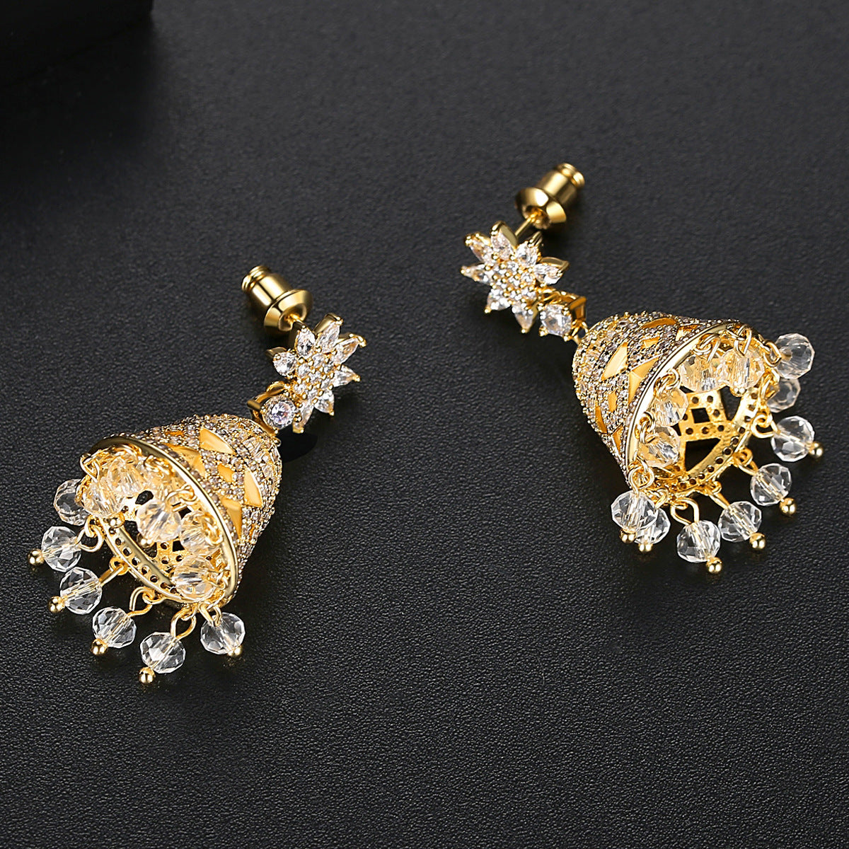 High-Quality Indian Style Earrings Bollywood Inlaid Zircon Flower Luxury Jhumka Jhumki Jumka Earrings-Gold - enjoyinshopping