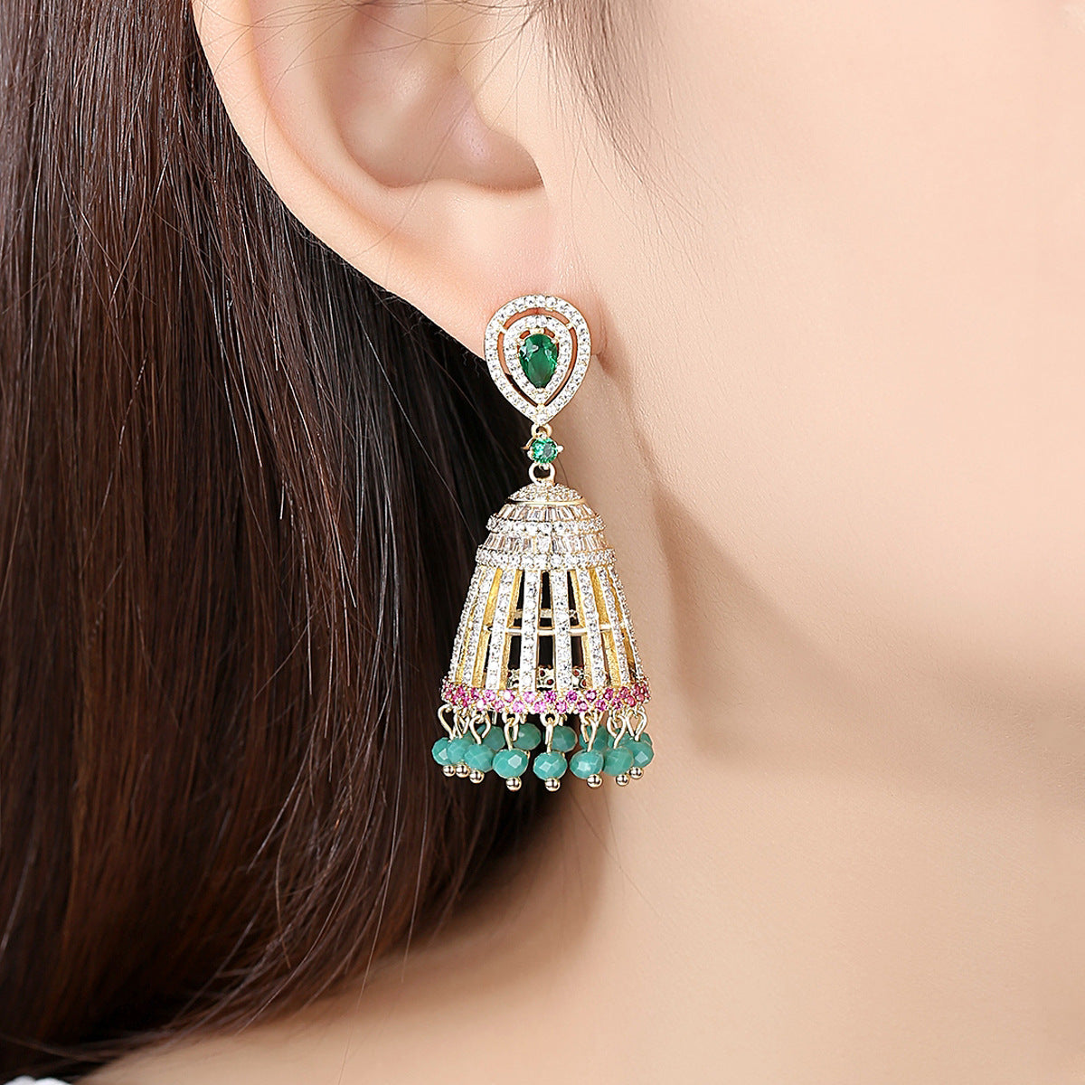 High-Quality Indian Style Earrings Bollywood Inlaid Zircon Luxury Jhumka Jhumki Jumka Earrings-Gold - enjoyinshopping