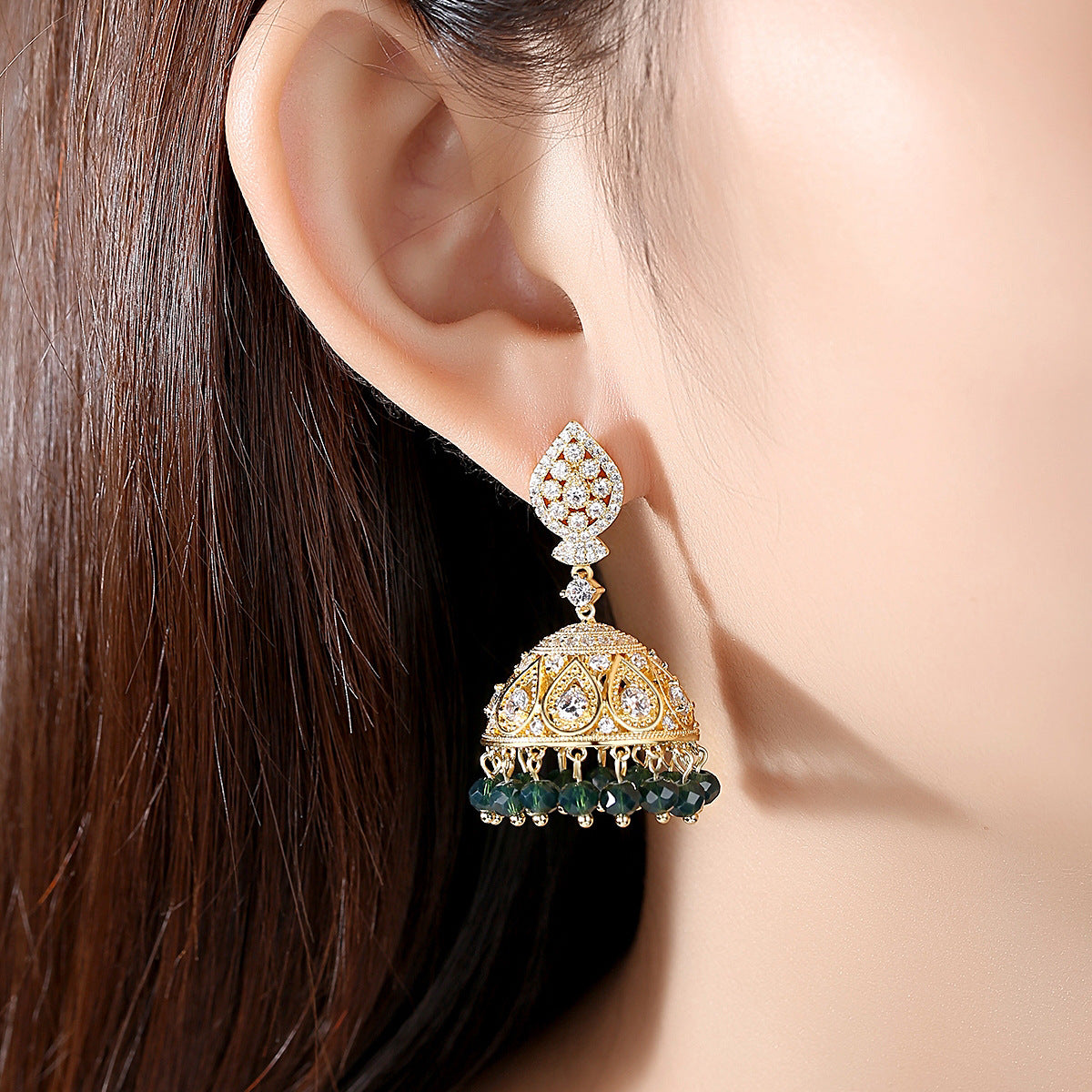 High-Quality Indian Style Earrings Bollywood Inlaid Zircon Paisley Shape Luxury Jhumka Jhumki Jumka Earrings-Gold - enjoyinshopping