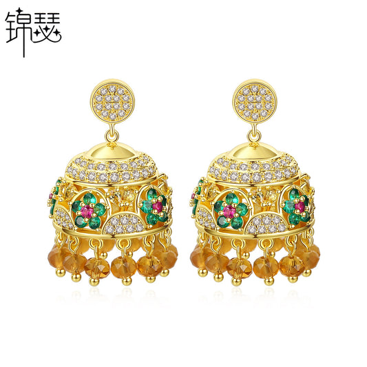 High-Quality Indian Style Earrings Bollywood Inlaid Zircon Luxury Jhumka Jhumki Jumka Earrings-Gold - enjoyinshopping