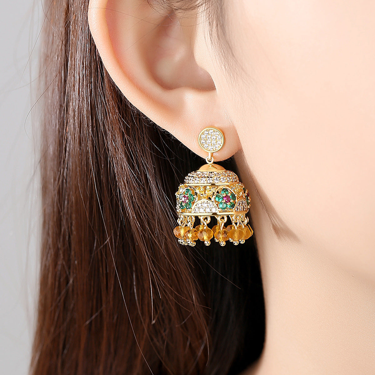 High-Quality Indian Style Earrings Bollywood Inlaid Zircon Luxury Jhumka Jhumki Jumka Earrings-Gold - enjoyinshopping