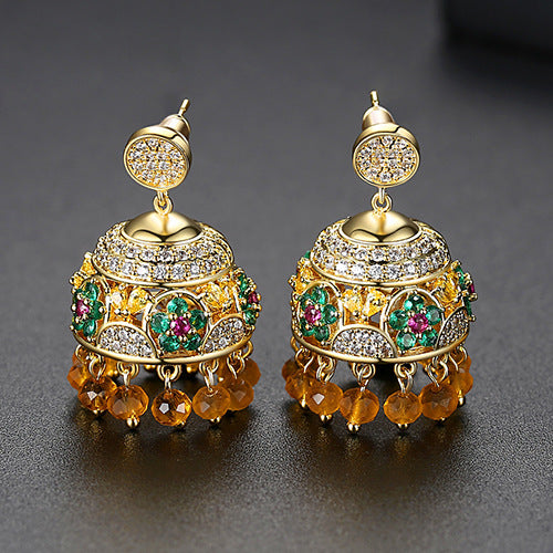 High-Quality Indian Style Earrings Bollywood Inlaid Zircon Luxury Jhumka Jhumki Jumka Earrings-Gold - enjoyinshopping