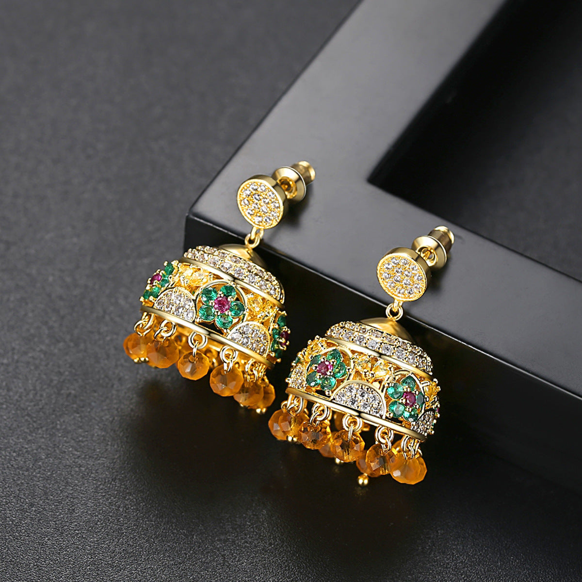 High-Quality Indian Style Earrings Bollywood Inlaid Zircon Luxury Jhumka Jhumki Jumka Earrings-Gold - enjoyinshopping