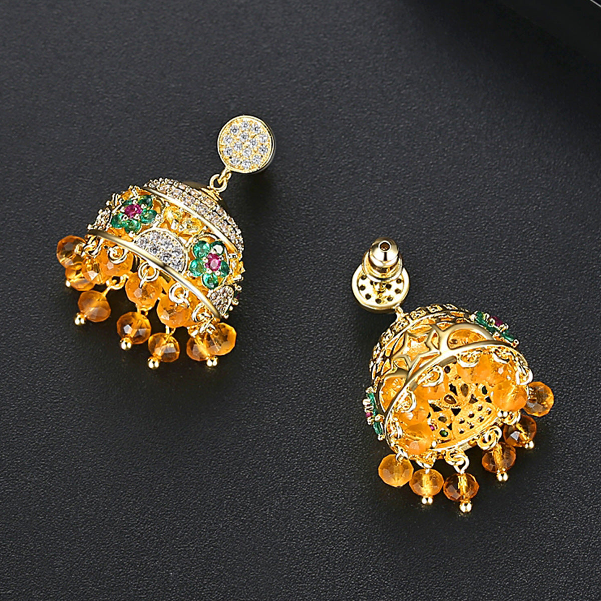 High-Quality Indian Style Earrings Bollywood Inlaid Zircon Luxury Jhumka Jhumki Jumka Earrings-Gold - enjoyinshopping