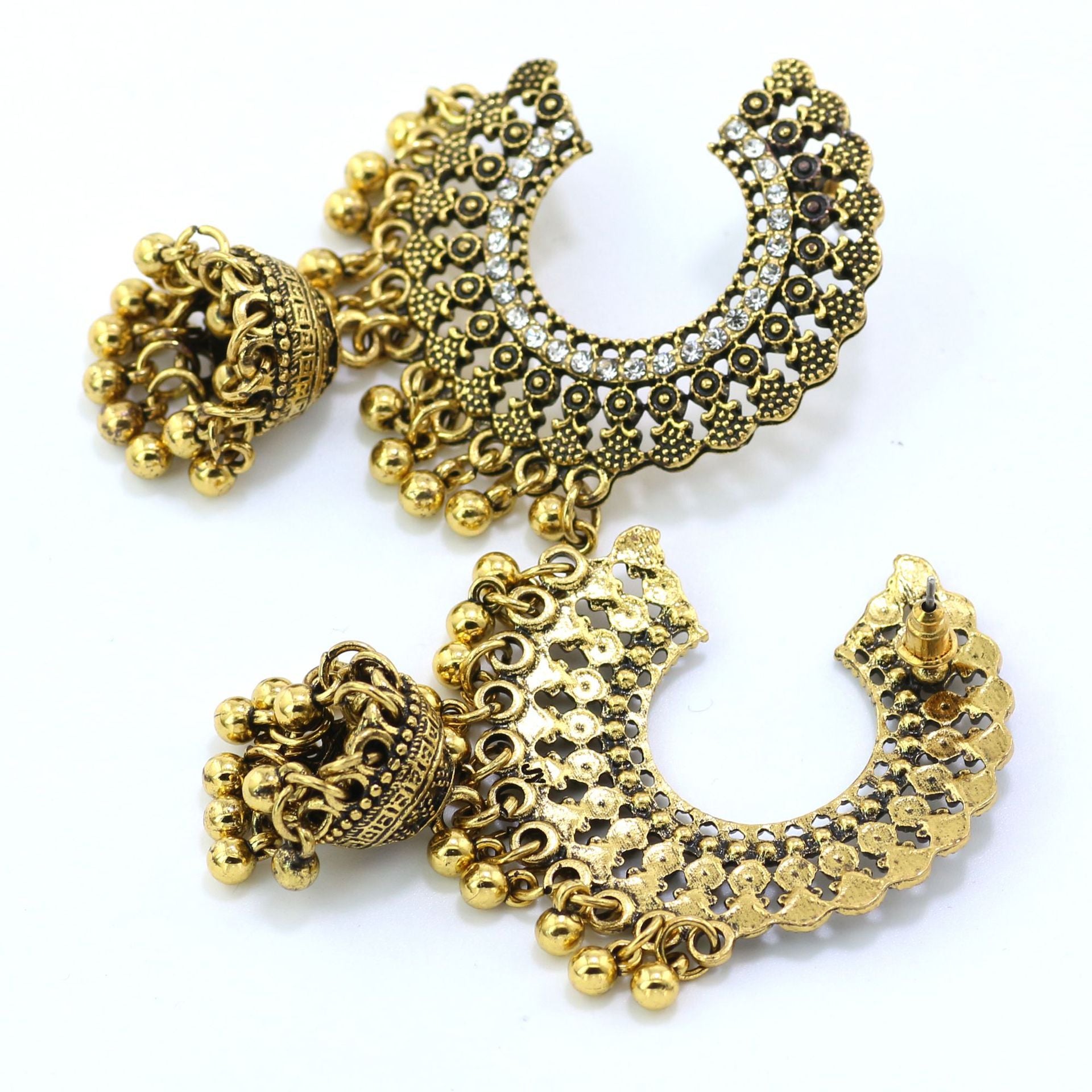 Indian Earrings Traditional Round Beaded Earrings Emboss Moon for Wowen-Gold/Silver - enjoyinshopping