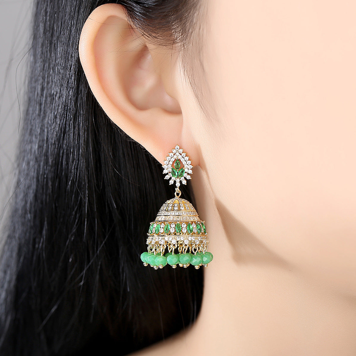 High-Quality Indian Style Earrings Bollywood Inlaid Zircon Water Drop Shape Luxury Jhumka Jhumki Jumka Earrings-Gold - enjoyinshopping