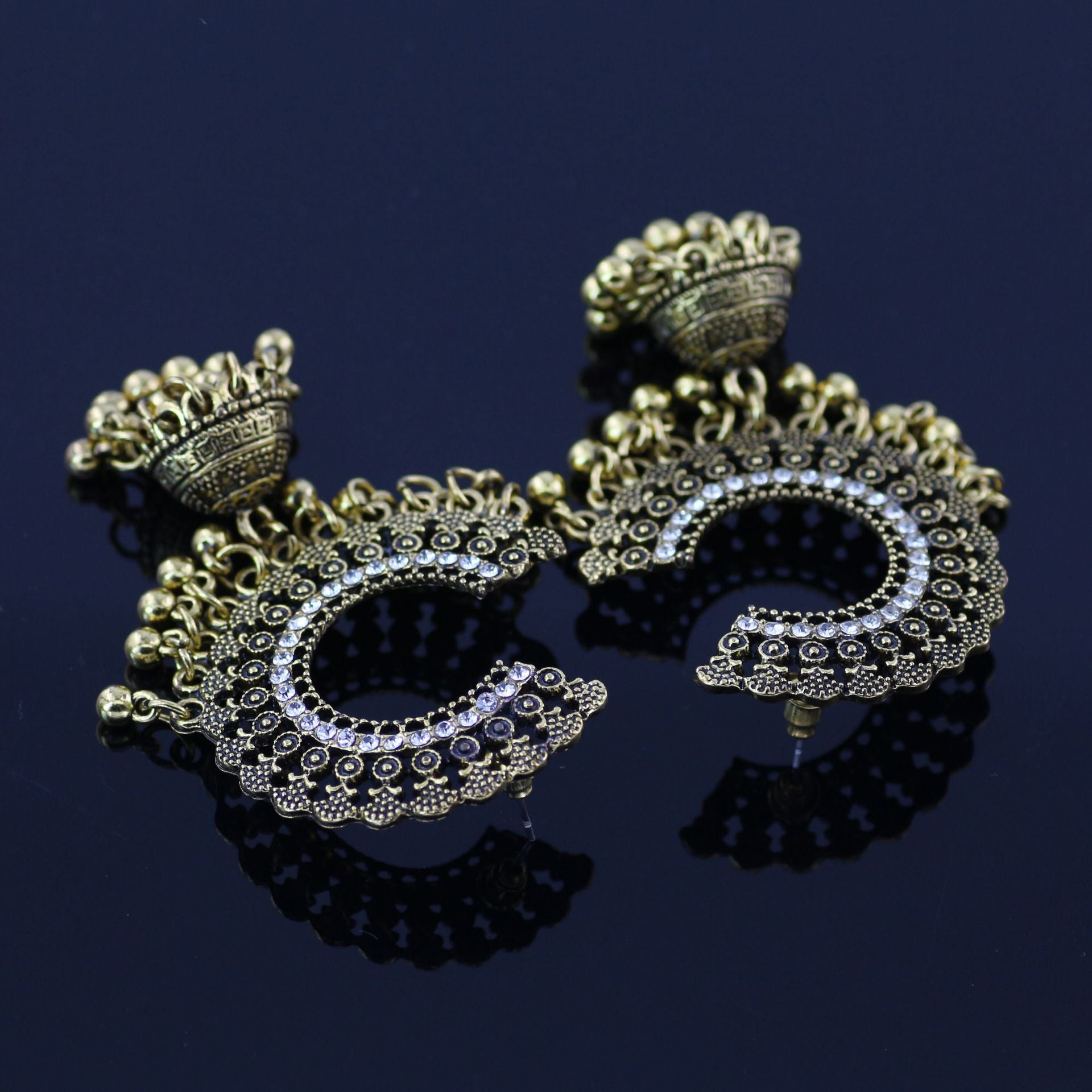 Indian Earrings Traditional Round Beaded Earrings Emboss Moon for Wowen-Gold/Silver - enjoyinshopping