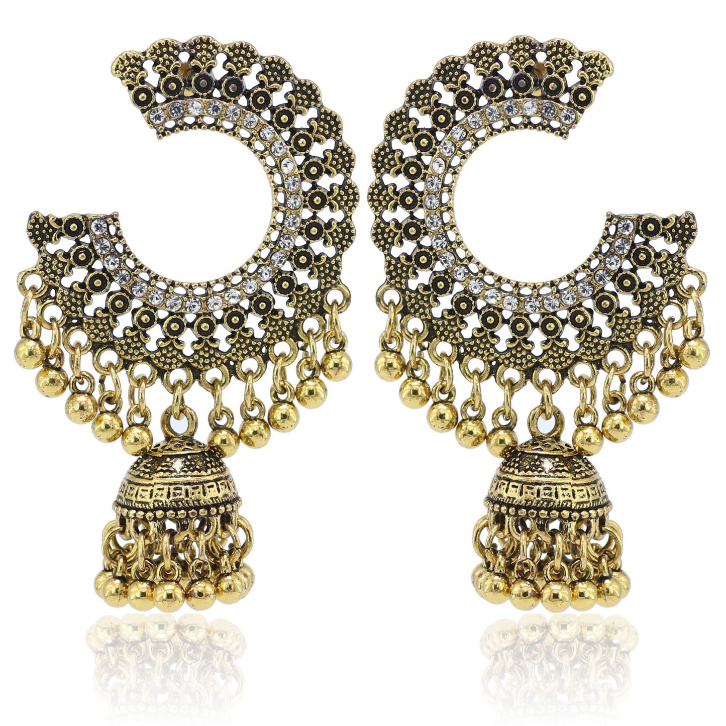 Indian Earrings Traditional Round Beaded Earrings Emboss Moon for Wowen-Gold/Silver - enjoyinshopping