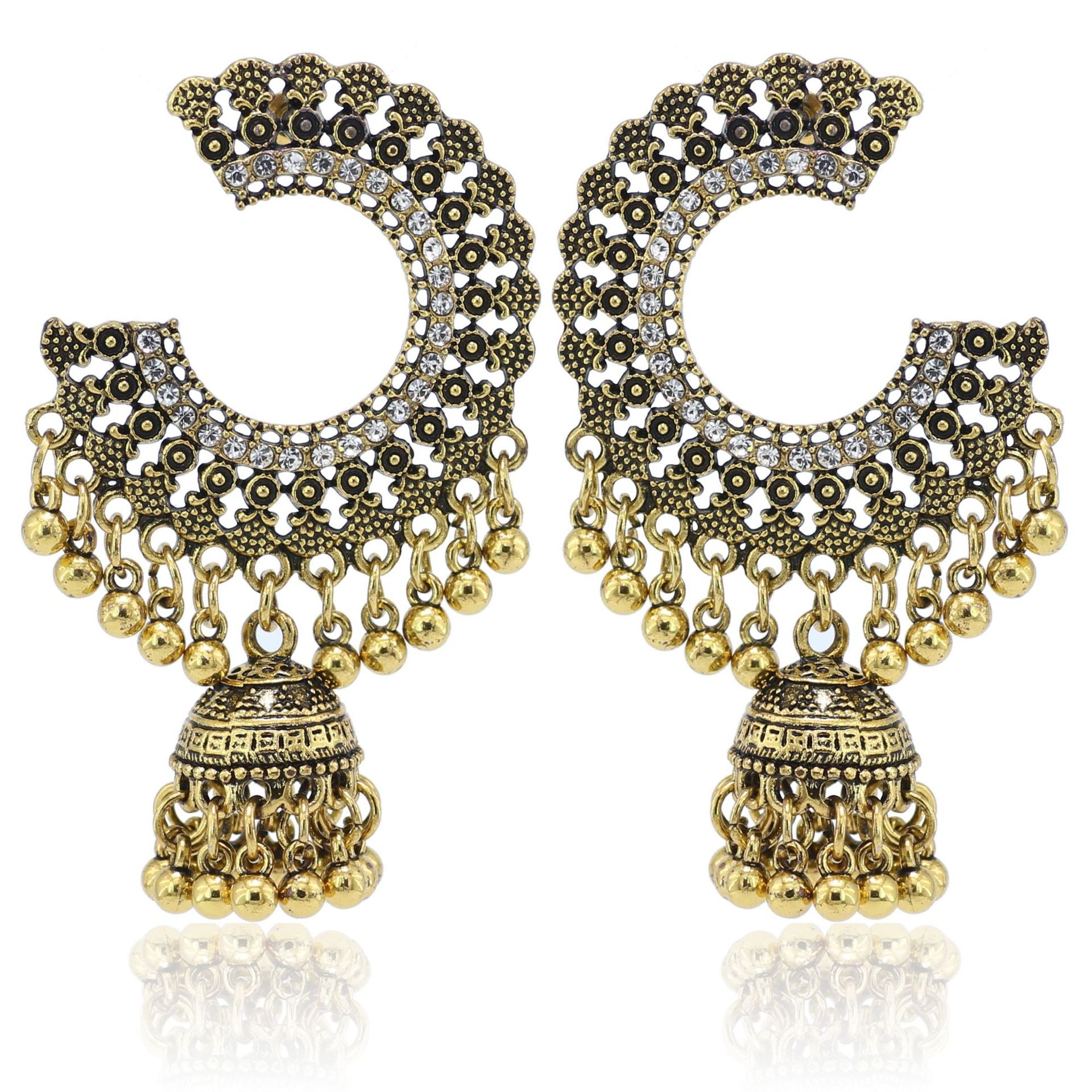 Indian Earrings Traditional Round Beaded Earrings Emboss Moon for Wowen-Gold/Silver - enjoyinshopping