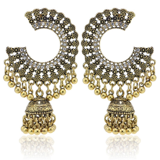 Indian Earrings Traditional Round Beaded Earrings Emboss Moon for Wowen-Gold/Silver - enjoyinshopping