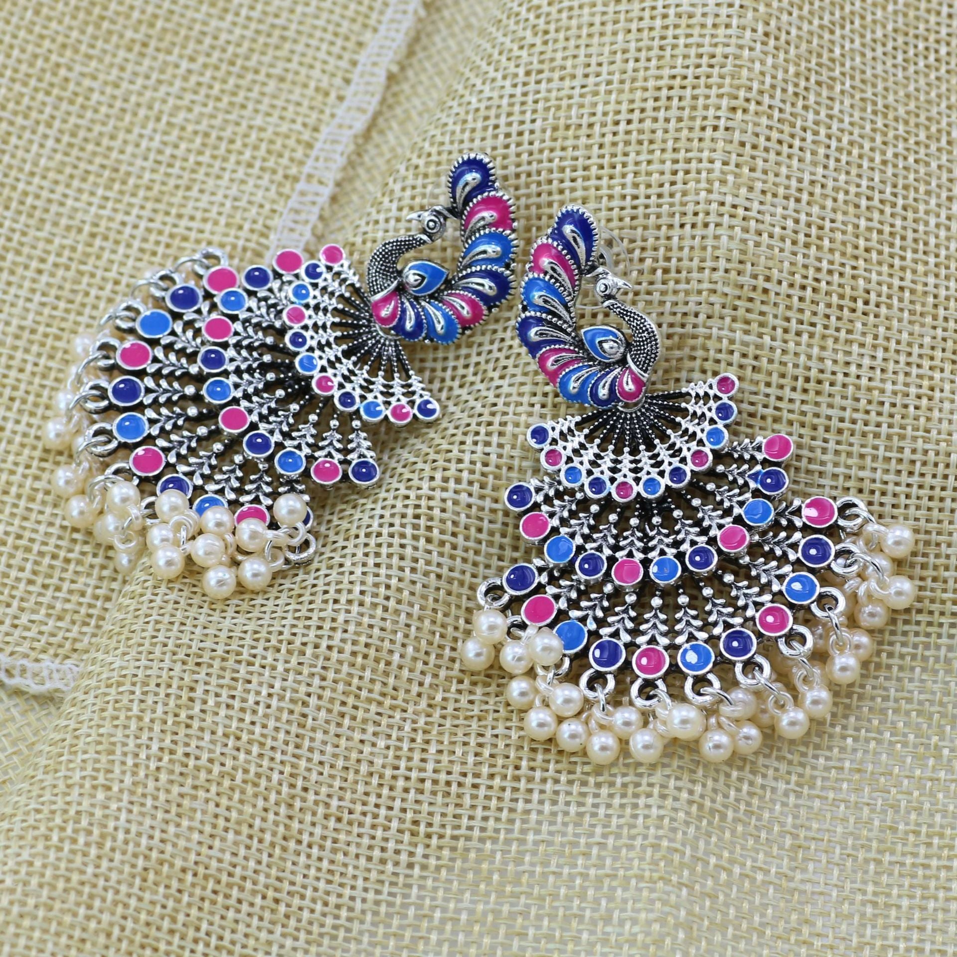 Indian Earrings Beaded Enamel Peacock Stud Earrings for Wowen-Blue - enjoyinshopping