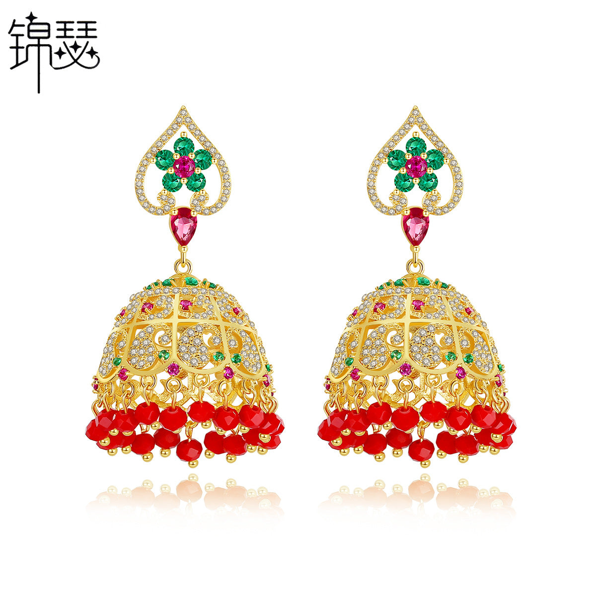 High-Quality Indian Style Earrings Bollywood Inlaid Zircon Flower Luxury Jhumka Jhumki Jumka Earrings-Gold - enjoyinshopping