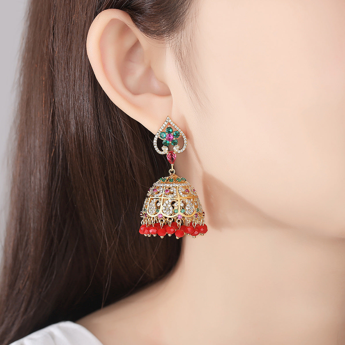 High-Quality Indian Style Earrings Bollywood Inlaid Zircon Flower Luxury Jhumka Jhumki Jumka Earrings-Gold - enjoyinshopping