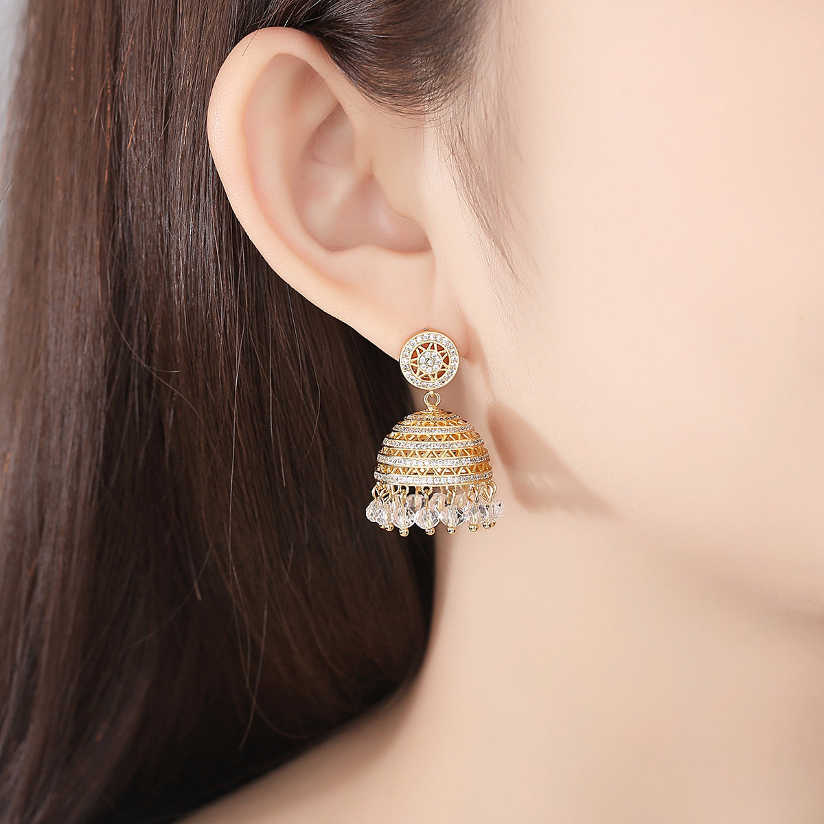 High-Quality Indian Style Earrings Bollywood Inlaid Zircon Luxury Jhumka Jhumki Jumka Earrings-Gold - enjoyinshopping