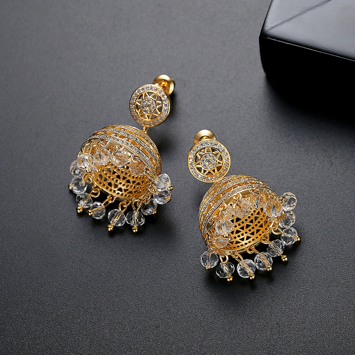 High-Quality Indian Style Earrings Bollywood Inlaid Zircon Luxury Jhumka Jhumki Jumka Earrings-Gold - enjoyinshopping