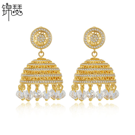 High-Quality Indian Style Earrings Bollywood Inlaid Zircon Luxury Jhumka Jhumki Jumka Earrings-Gold - enjoyinshopping