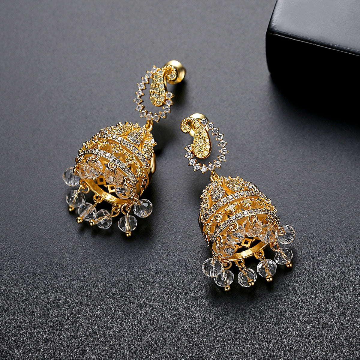 High-Quality Indian Style Earrings Bollywood Inlaid Zircon Paisley Shape Luxury Jhumka Jhumki Jumka Earrings-Gold - enjoyinshopping