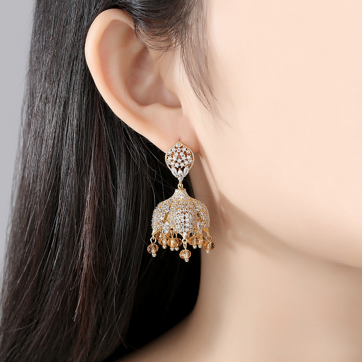 High-Quality Indian Style Earrings Bollywood Inlaid Zircon Paisley Shape Luxury Jhumka Jhumki Jumka Earrings-Gold - enjoyinshopping