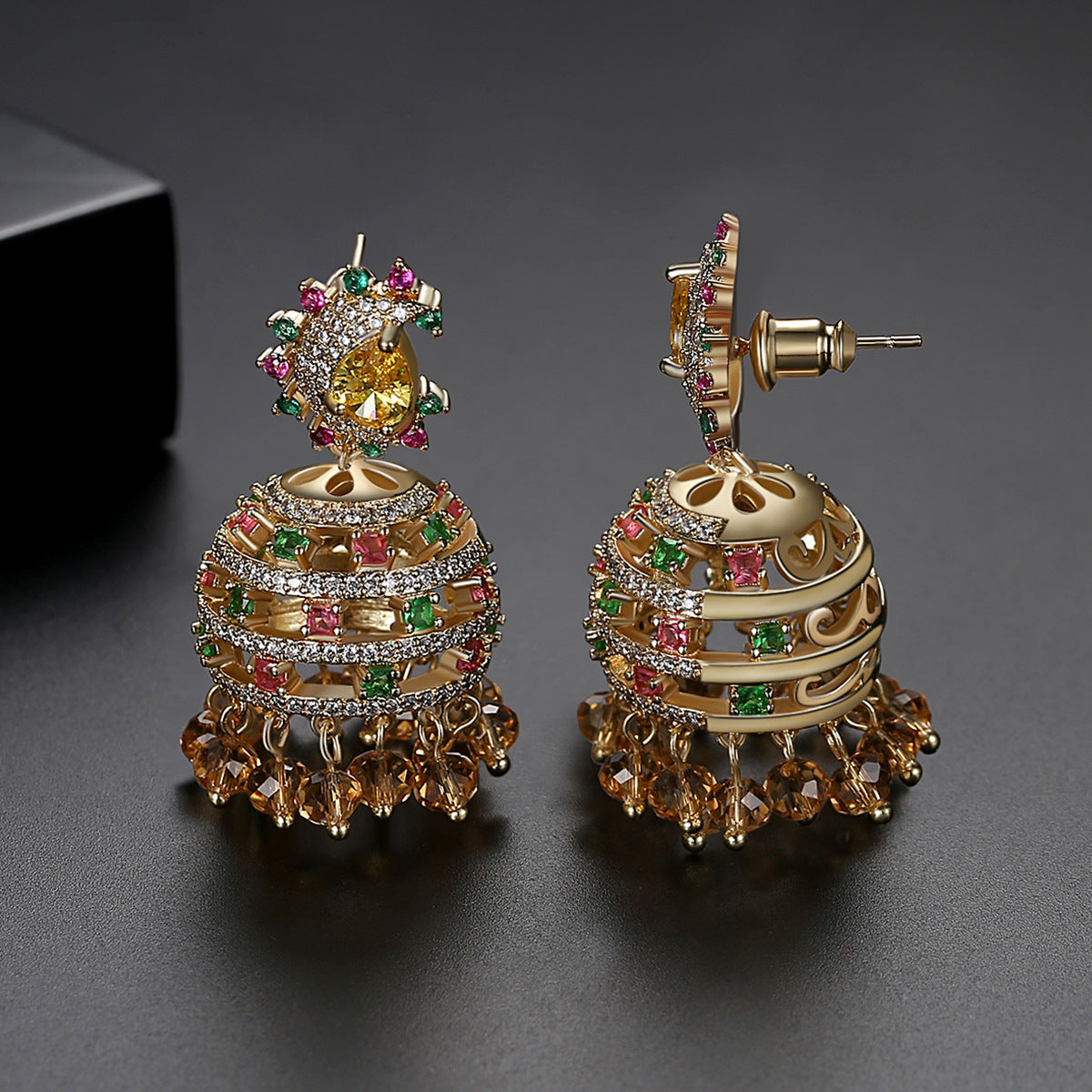 High-Quality Indian Style Earrings Bollywood Inlaid Zircon Luxury Jhumka Jhumki Jumka Earrings-Gold - enjoyinshopping