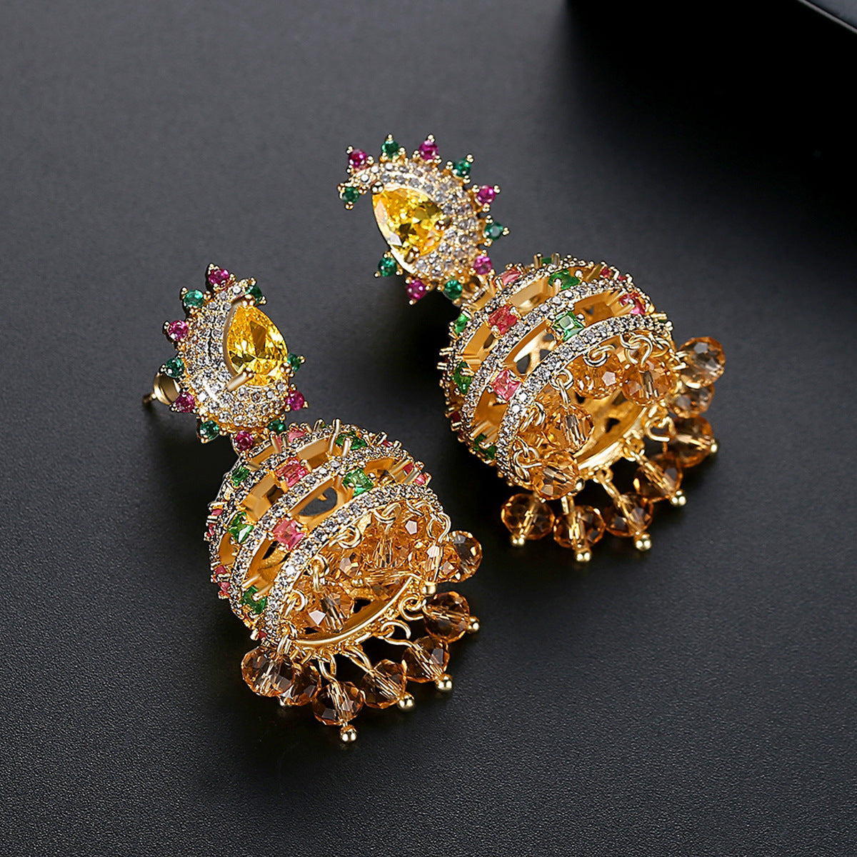 High-Quality Indian Style Earrings Bollywood Inlaid Zircon Luxury Jhumka Jhumki Jumka Earrings-Gold - enjoyinshopping