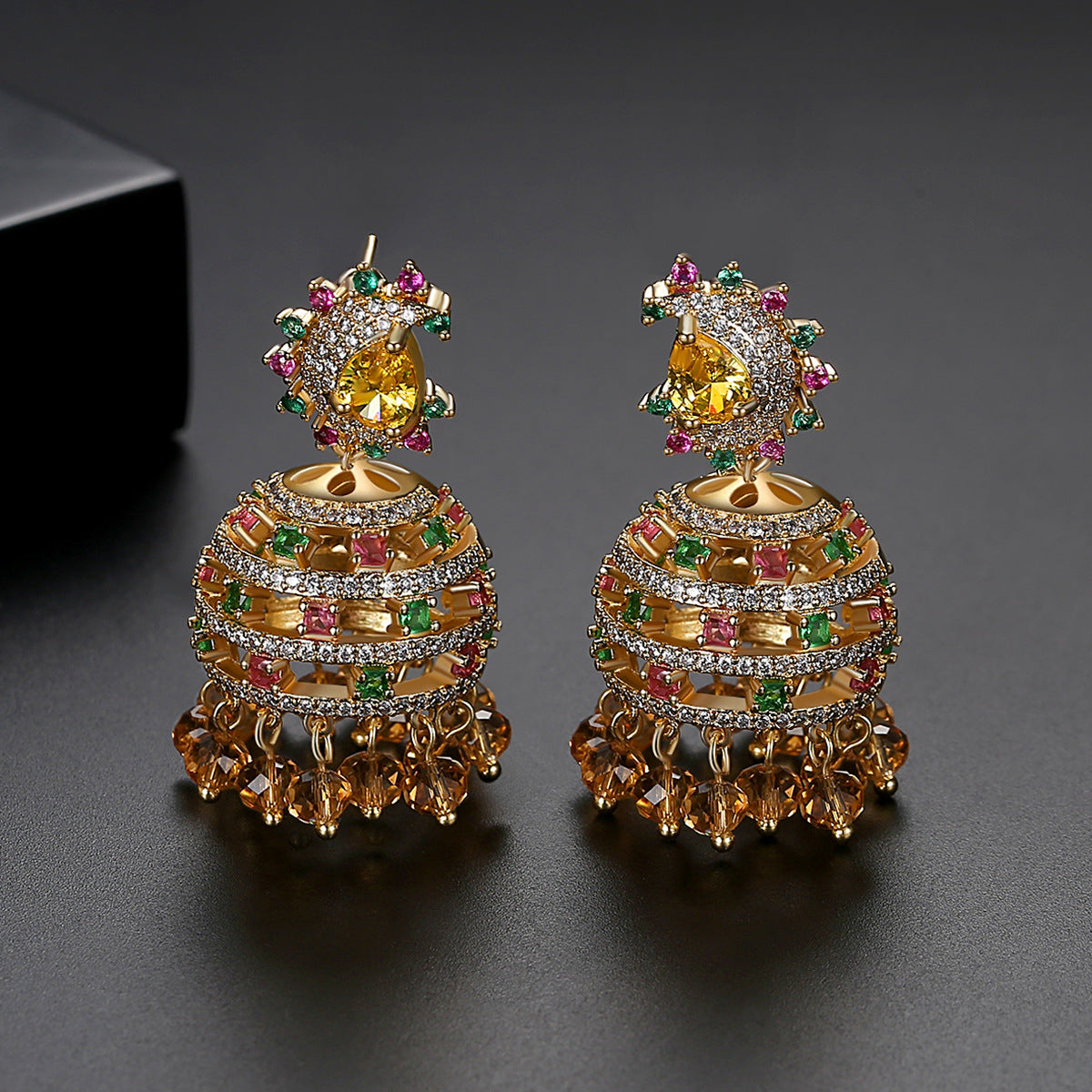 High-Quality Indian Style Earrings Bollywood Inlaid Zircon Luxury Jhumka Jhumki Jumka Earrings-Gold - enjoyinshopping