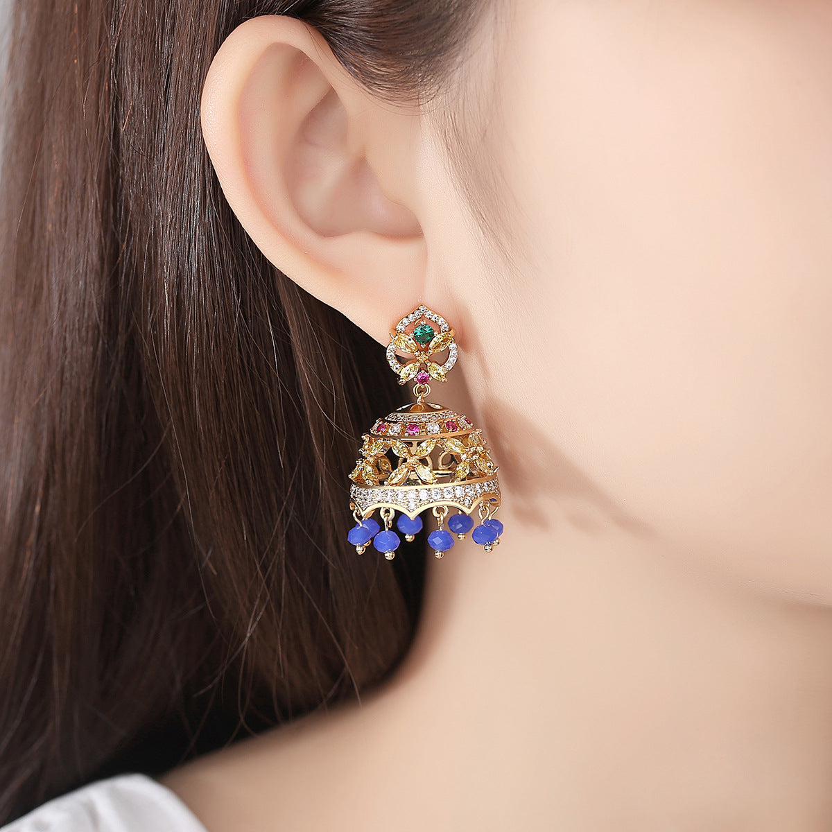 High-Quality Indian Style Earrings Bollywood Inlaid Zircon Paisley Shape Luxury Jhumka Jhumki Jumka Earrings-Gold - enjoyinshopping