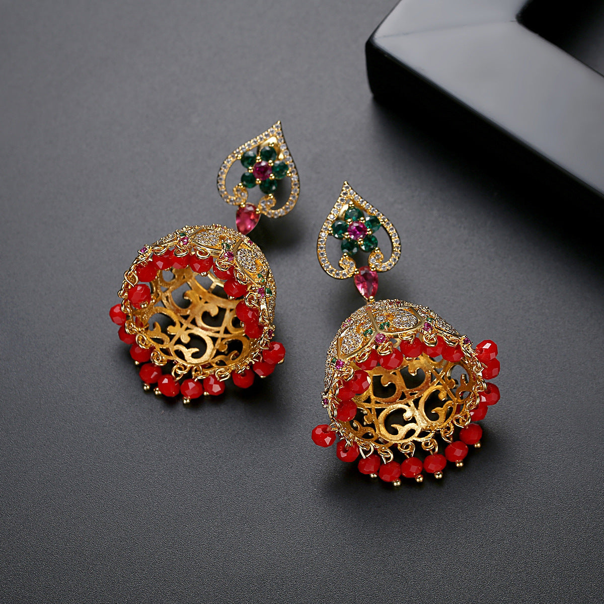 High-Quality Indian Style Earrings Bollywood Inlaid Zircon Flower Luxury Jhumka Jhumki Jumka Earrings-Gold - enjoyinshopping