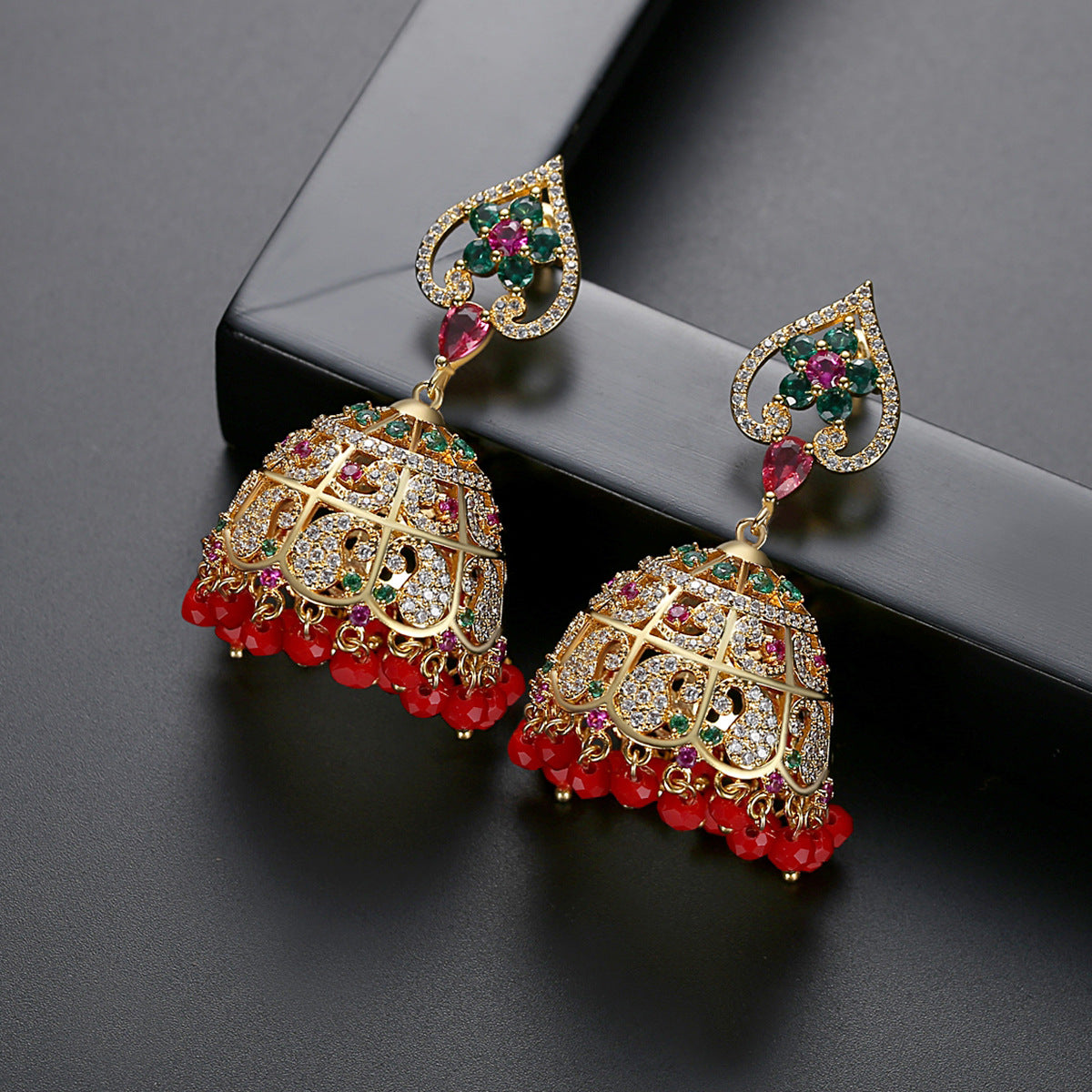 High-Quality Indian Style Earrings Bollywood Inlaid Zircon Flower Luxury Jhumka Jhumki Jumka Earrings-Gold - enjoyinshopping