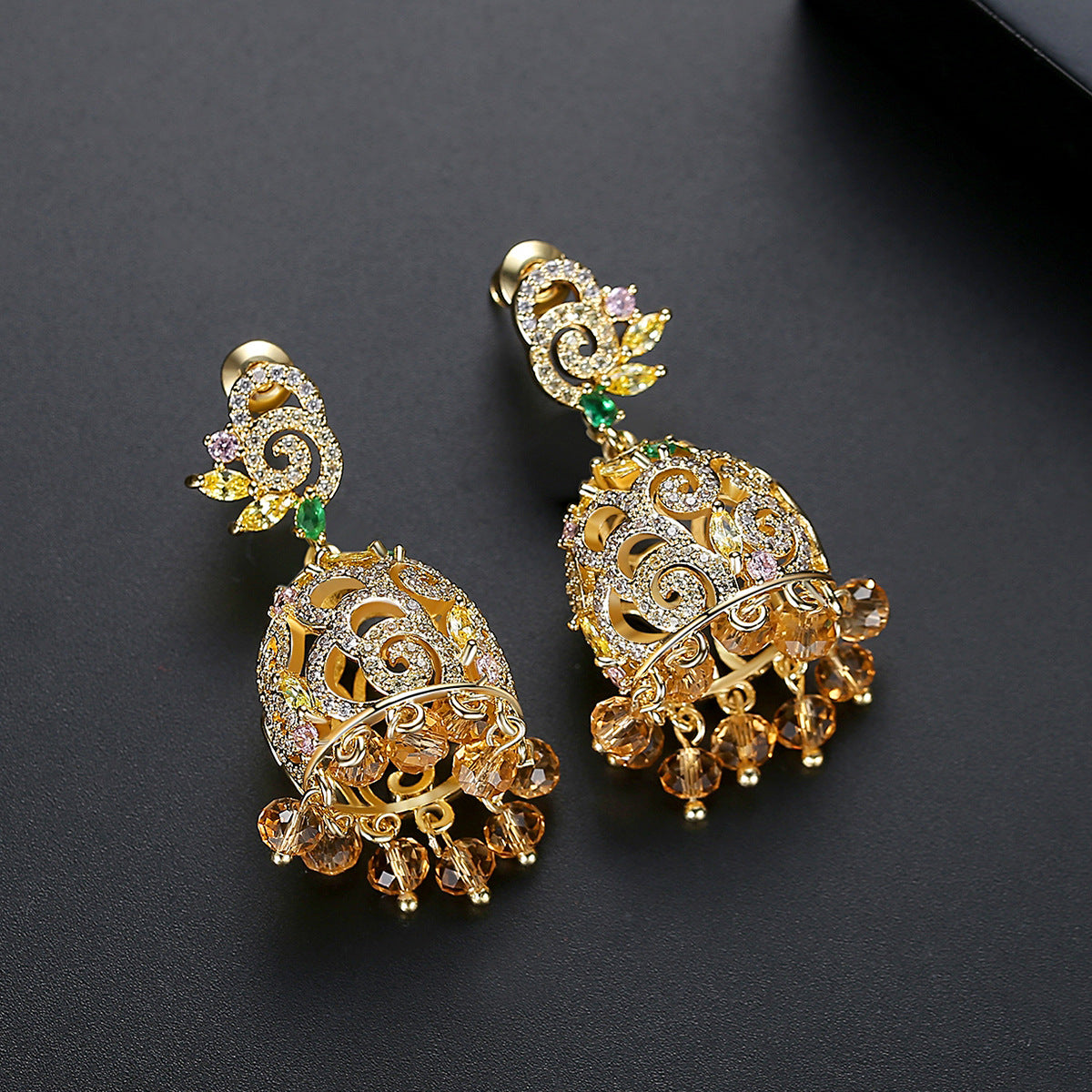 High-Quality Indian Style Earrings Bollywood Inlaid Zircon Luxury Jhumka Jhumki Jumka Earrings-Gold - enjoyinshopping