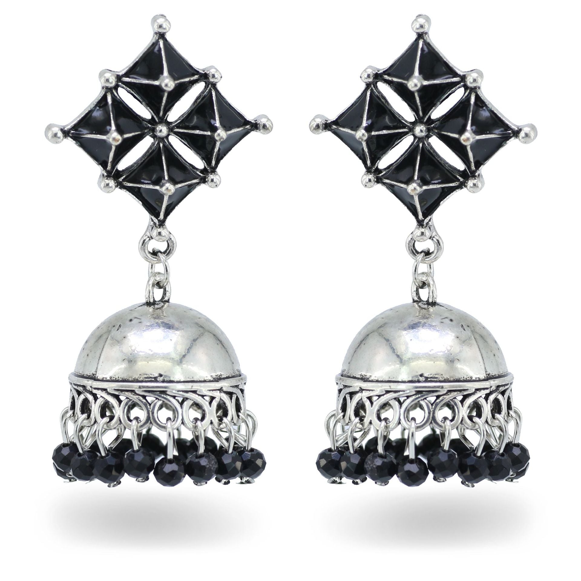 Indian Earrings Silver Round Beaded Earrings for Wowen-Black - enjoyinshopping