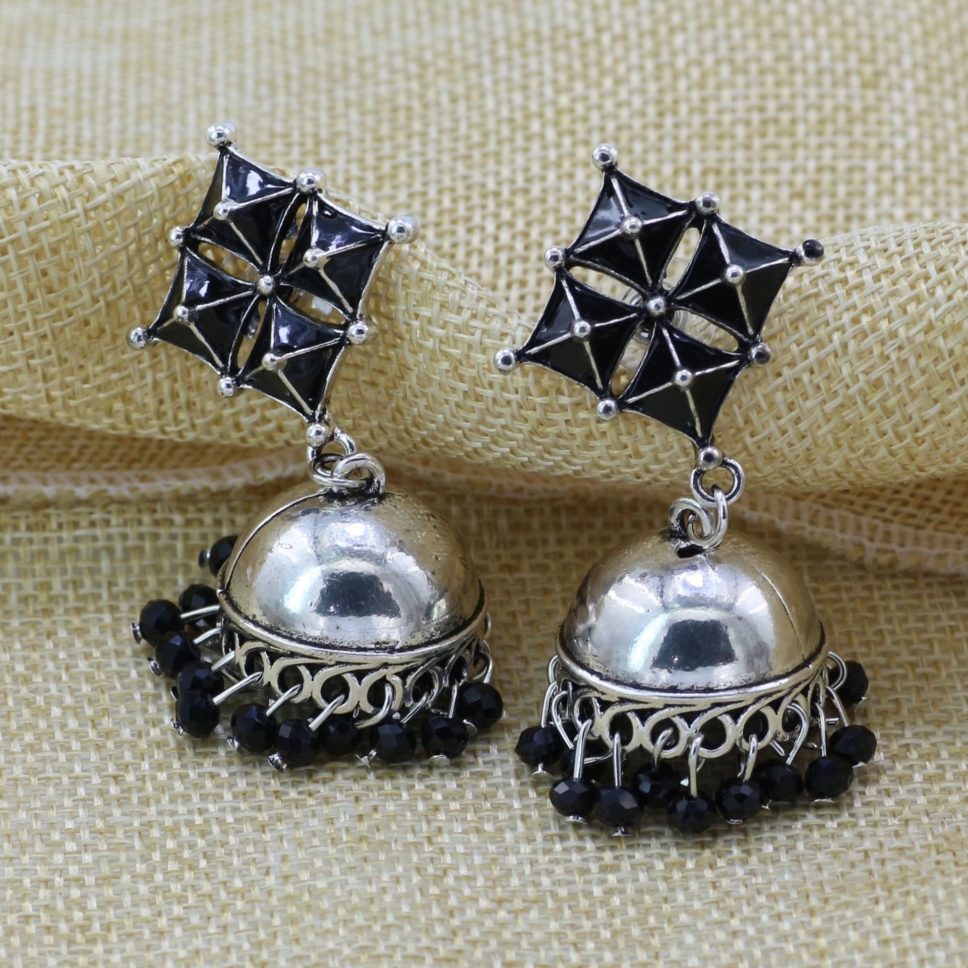 Indian Earrings Silver Round Beaded Earrings for Wowen-Black - enjoyinshopping