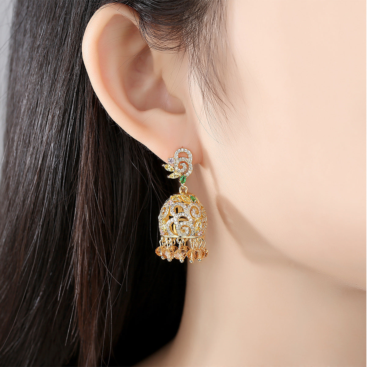 High-Quality Indian Style Earrings Bollywood Inlaid Zircon Luxury Jhumka Jhumki Jumka Earrings-Gold - enjoyinshopping