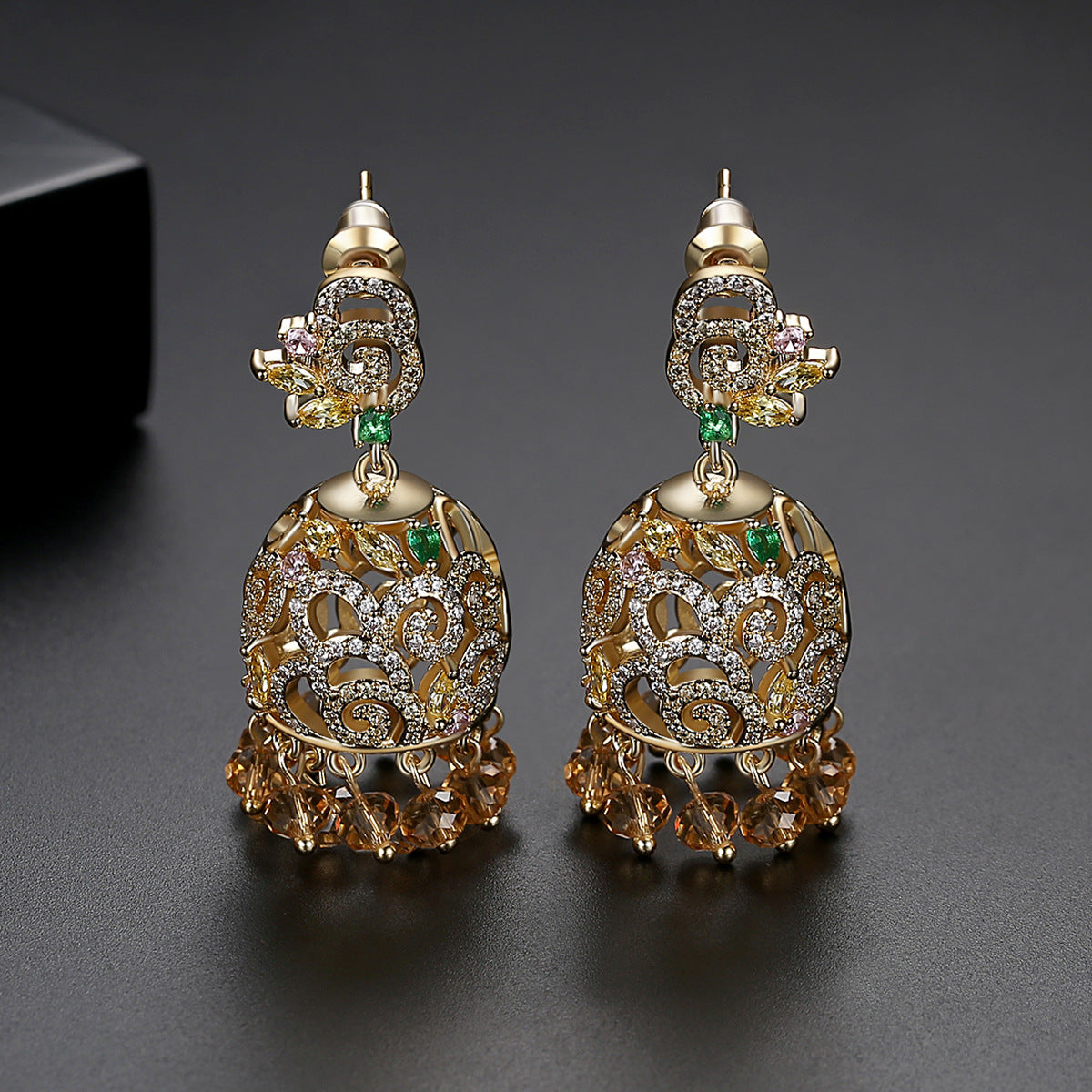 High-Quality Indian Style Earrings Bollywood Inlaid Zircon Luxury Jhumka Jhumki Jumka Earrings-Gold - enjoyinshopping