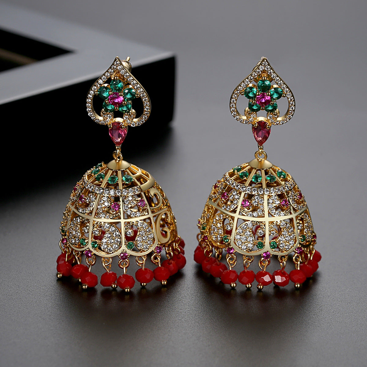 High-Quality Indian Style Earrings Bollywood Inlaid Zircon Flower Luxury Jhumka Jhumki Jumka Earrings-Gold - enjoyinshopping