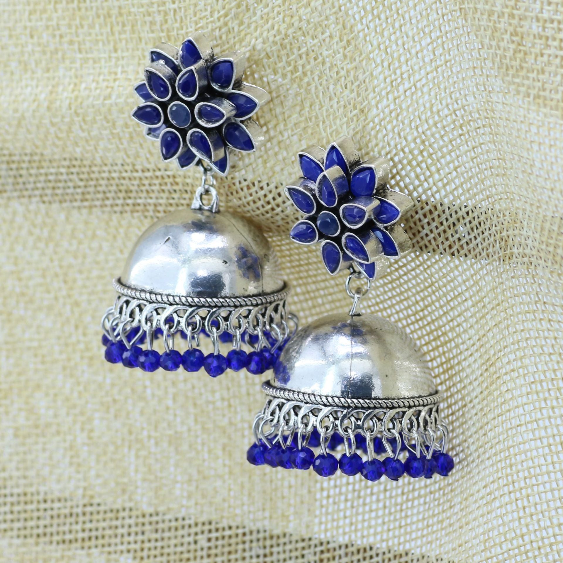 Indian Earrings Gold Round Beaded Earrings for Wowen- Blue Silver - enjoyinshopping