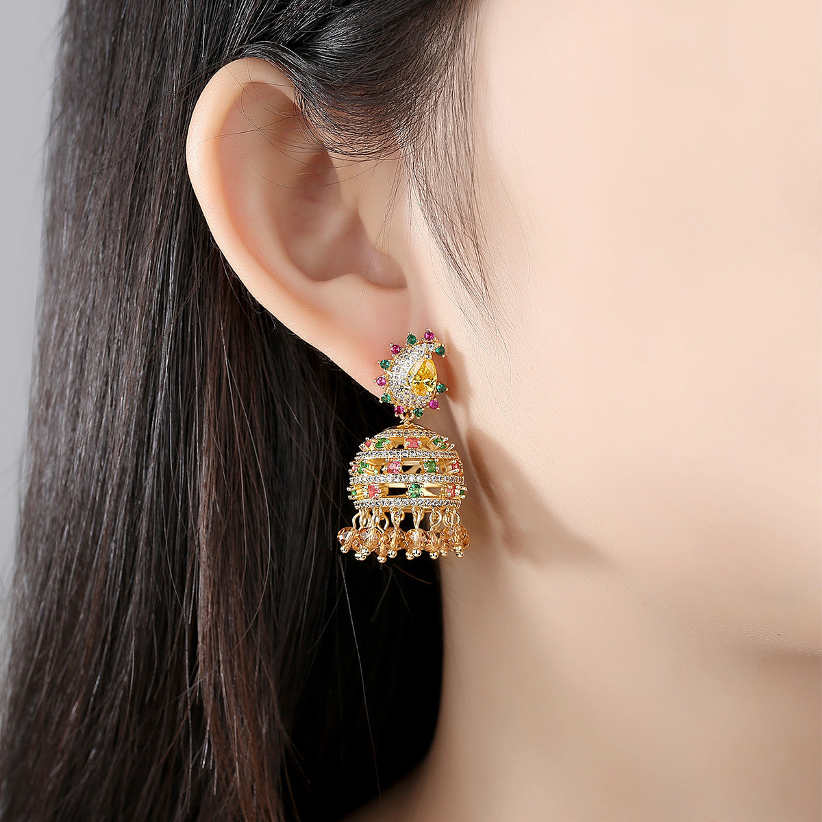 High-Quality Indian Style Earrings Bollywood Inlaid Zircon Luxury Jhumka Jhumki Jumka Earrings-Gold - enjoyinshopping