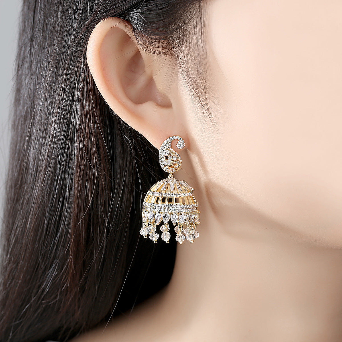 High-Quality Indian Style Earrings Bollywood Inlaid Zircon Luxury Jhumka Jhumki Jumka Earrings-Gold - enjoyinshopping