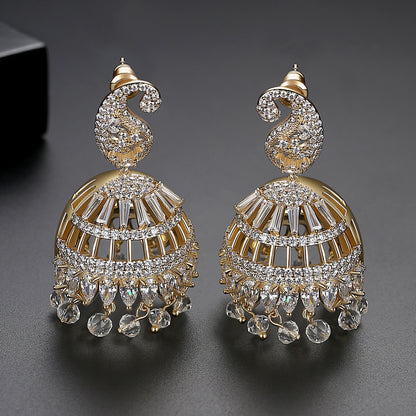 High-Quality Indian Style Earrings Bollywood Inlaid Zircon Luxury Jhumka Jhumki Jumka Earrings-Gold - enjoyinshopping