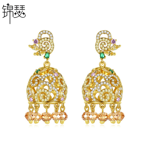 High-Quality Indian Style Earrings Bollywood Inlaid Zircon Luxury Jhumka Jhumki Jumka Earrings-Gold - enjoyinshopping