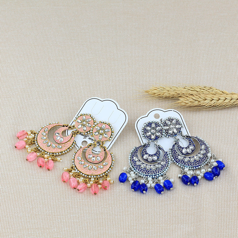 Indian Earrings Traditional Round Beaded Earrings Chandali for Wowen-Pink/Blue - enjoyinshopping